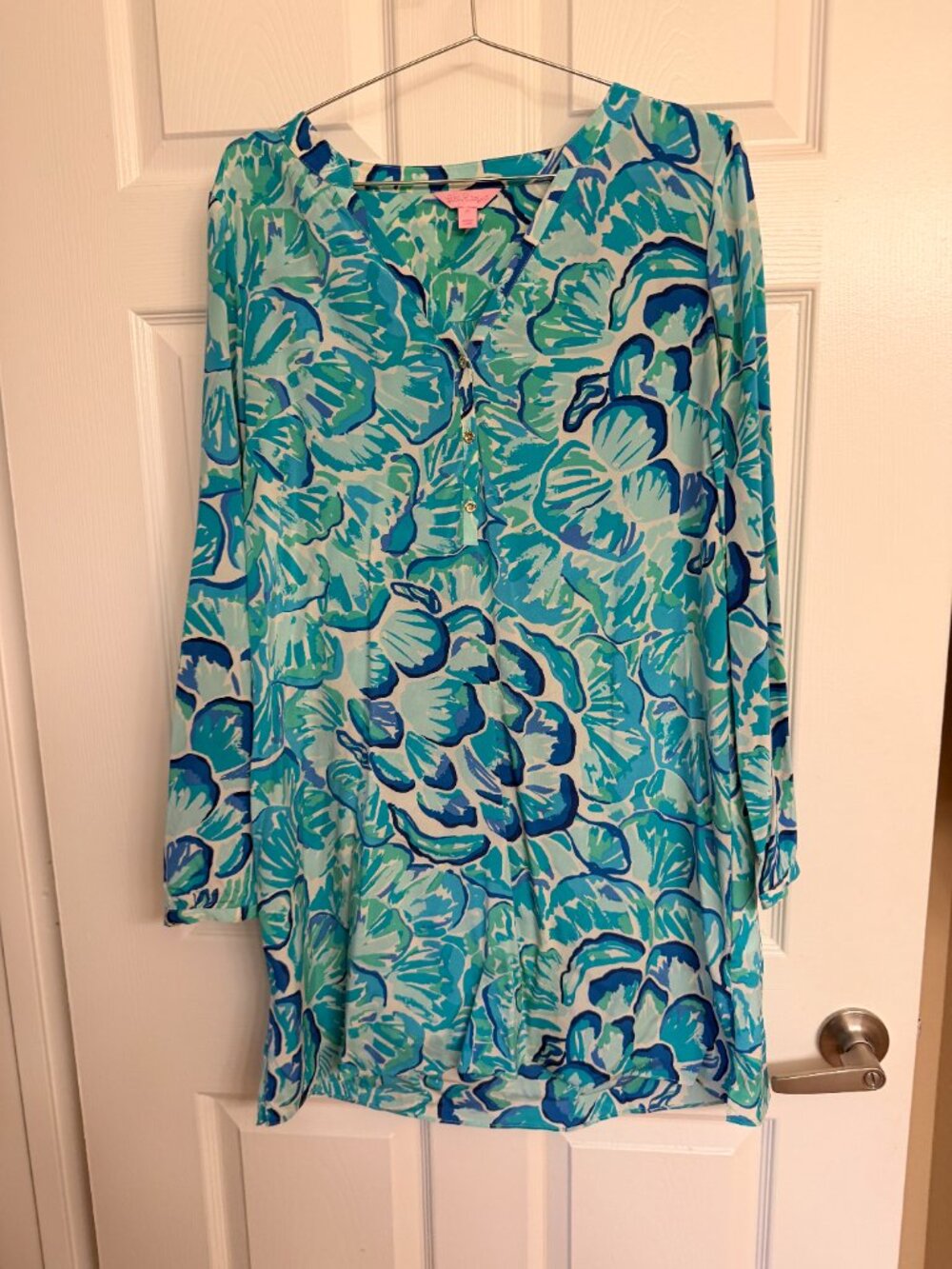 Lilly Pulitzer Silk Blend Tunic Dress Cover-Up Blue Green Floral Print Size M